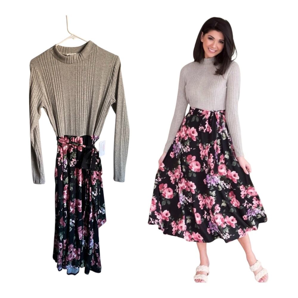 Reb. in J Floral Tie Waist Sweater Midi Dress Office Teacher Casual Sz L NWT
